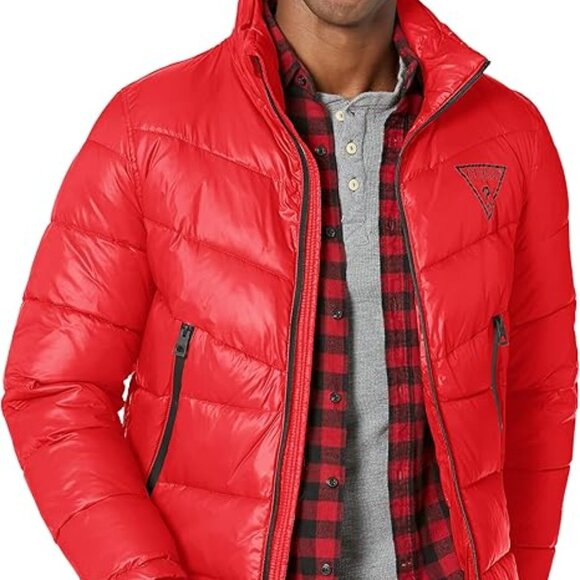 NEW GUESS Mid Weight Logo Oversized Puffer Coat Crimson for men 364tn - Picture 4 of 5